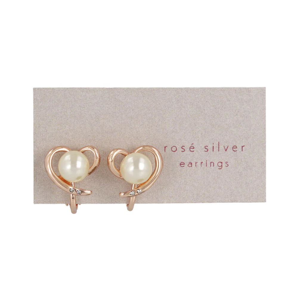 Rose Silver Tone Twisted Heart Pearl Clip Ons