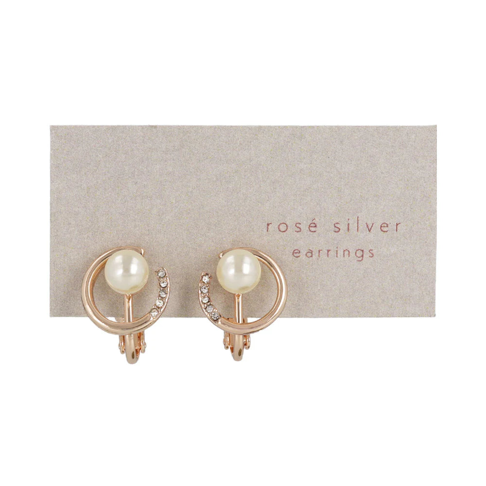 Rose Silver Tone Rhinestone Circle Pearl Clip Ons