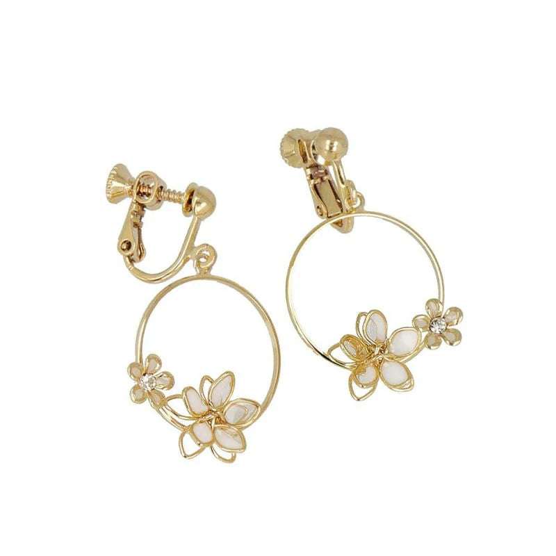 Dainty Spring Flower Hoop Clip On Earrings