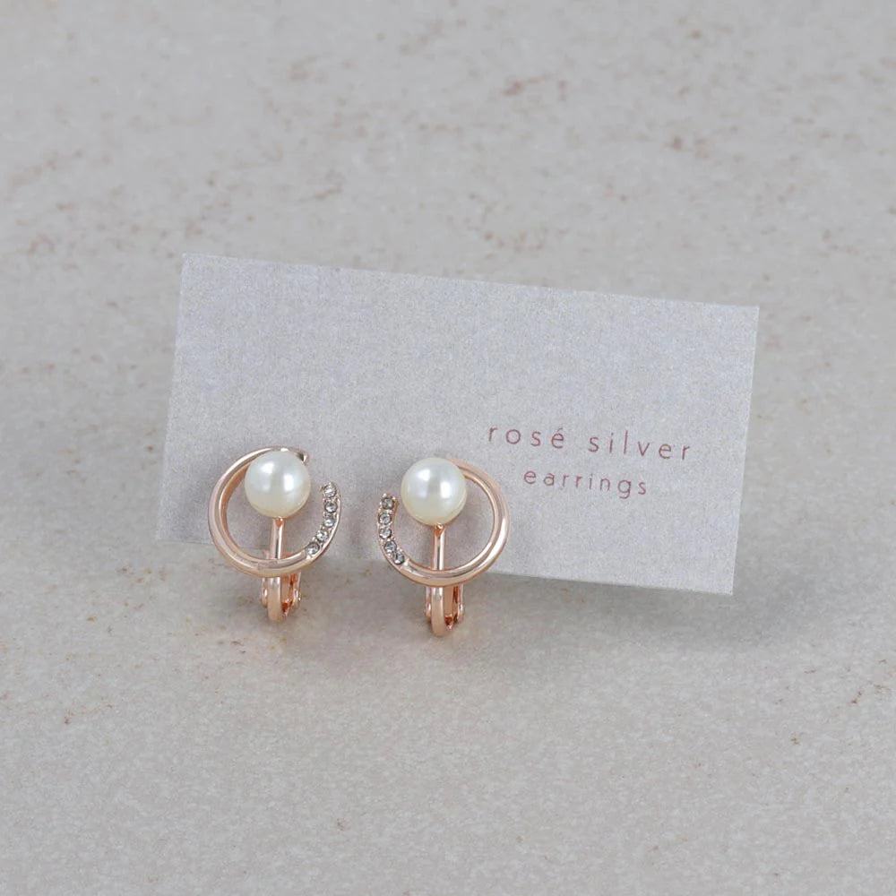 Rose Silver Tone Rhinestone Circle Pearl Clip Ons