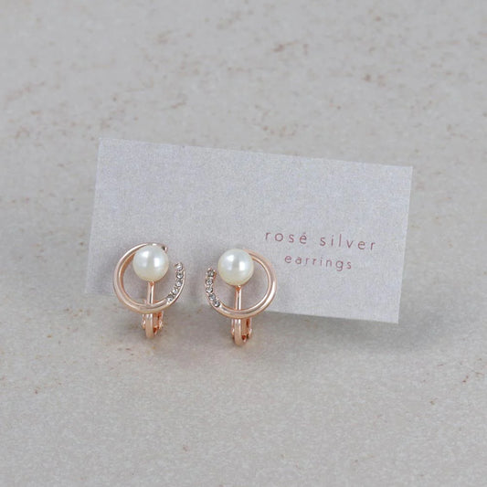 Rose Silver Tone Rhinestone Circle Pearl Clip Ons