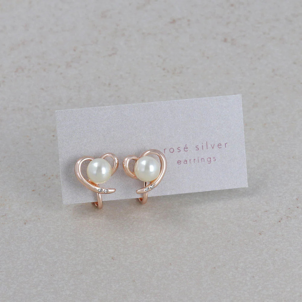Rose Silver Tone Twisted Heart Pearl Clip Ons