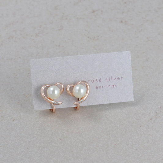 Rose Silver Tone Twisted Heart Pearl Clip Ons