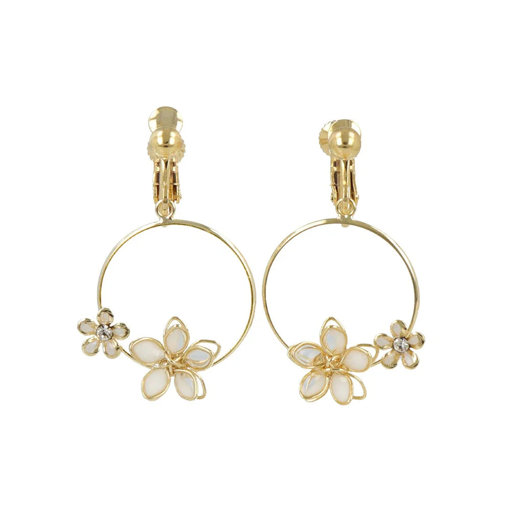 Dainty Spring Flower Hoop Clip On Earrings