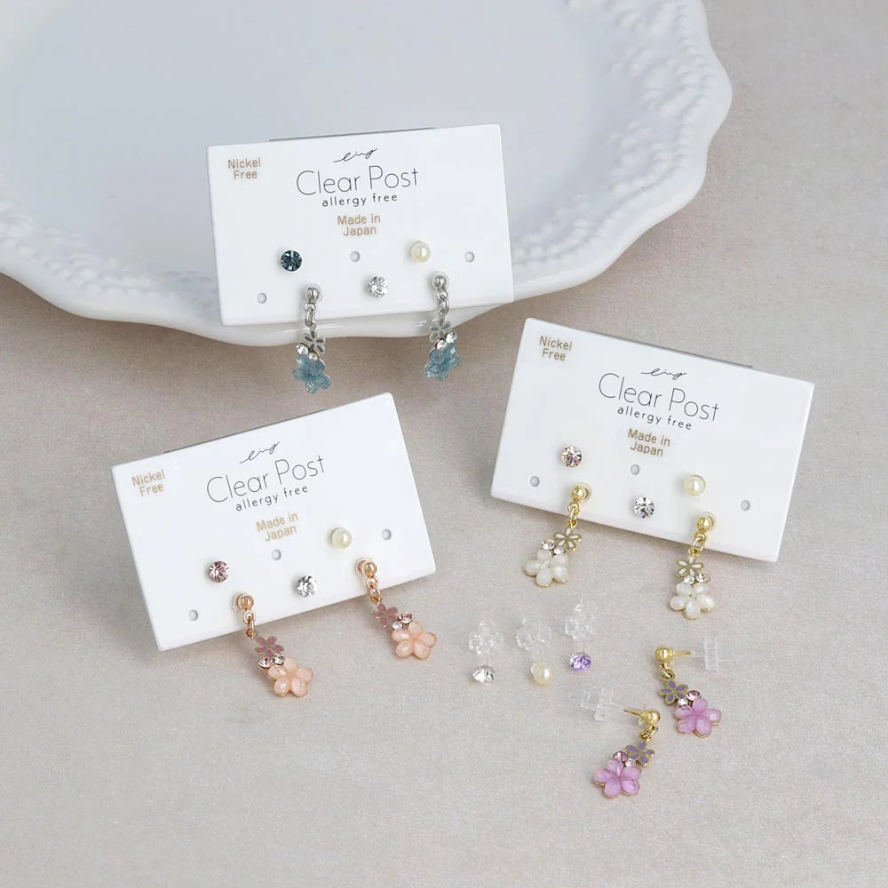 Flower and Stone Plastic Earring Set