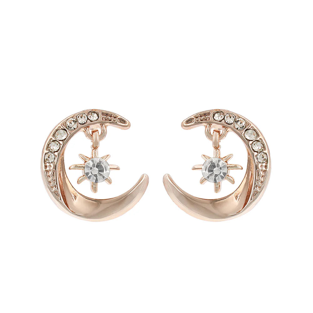 Rose Silver Tone Sparkling Moon Earrings