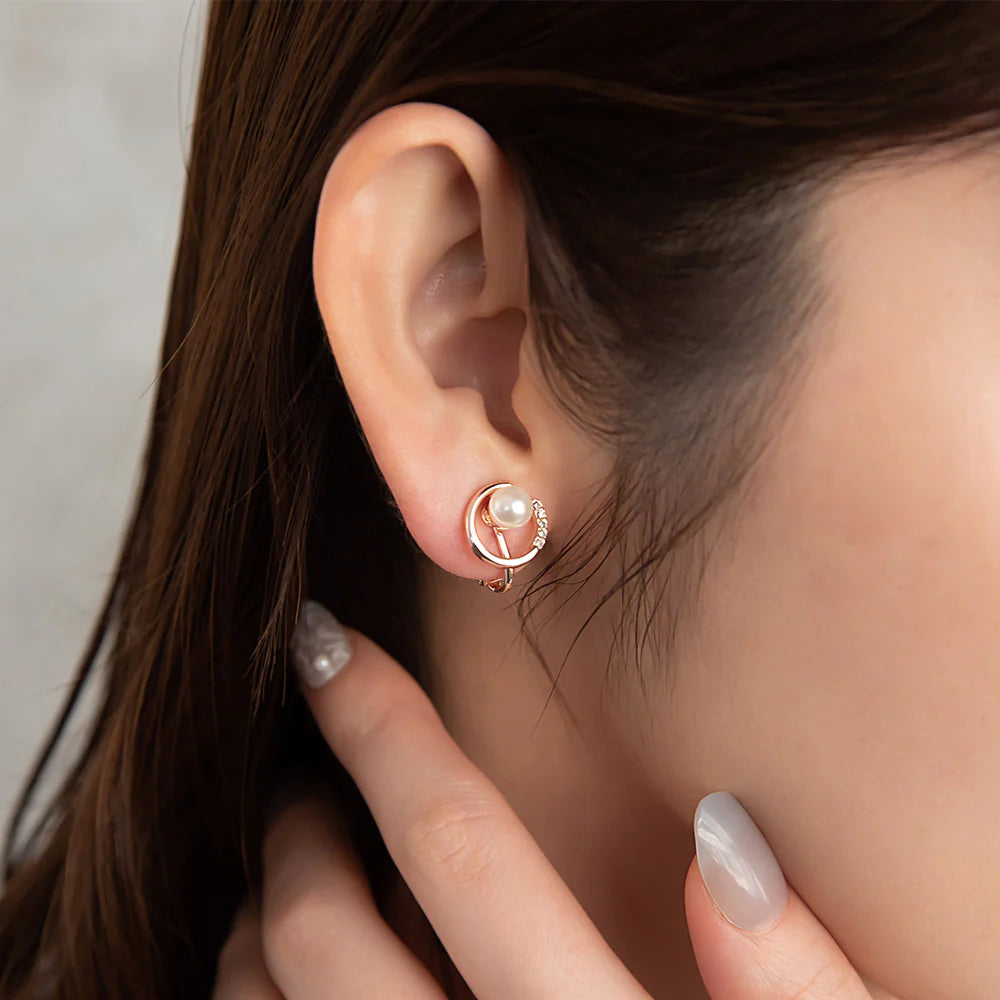 Rose Silver Tone Rhinestone Circle Pearl Clip Ons