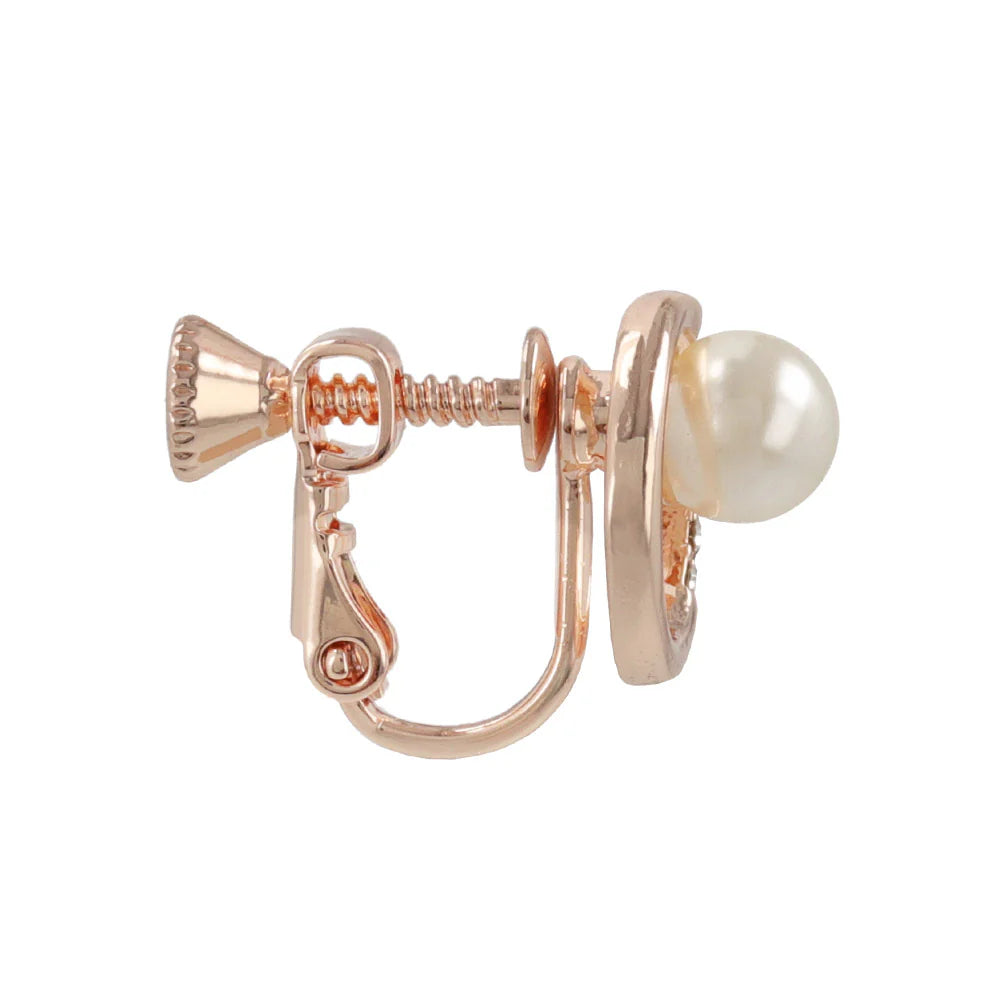 Rose Silver Tone Rhinestone Circle Pearl Clip Ons