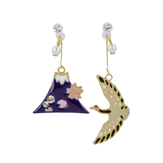Crane and Fujiyama Japanese Traditional Symbol Invisible Clip On Earrings