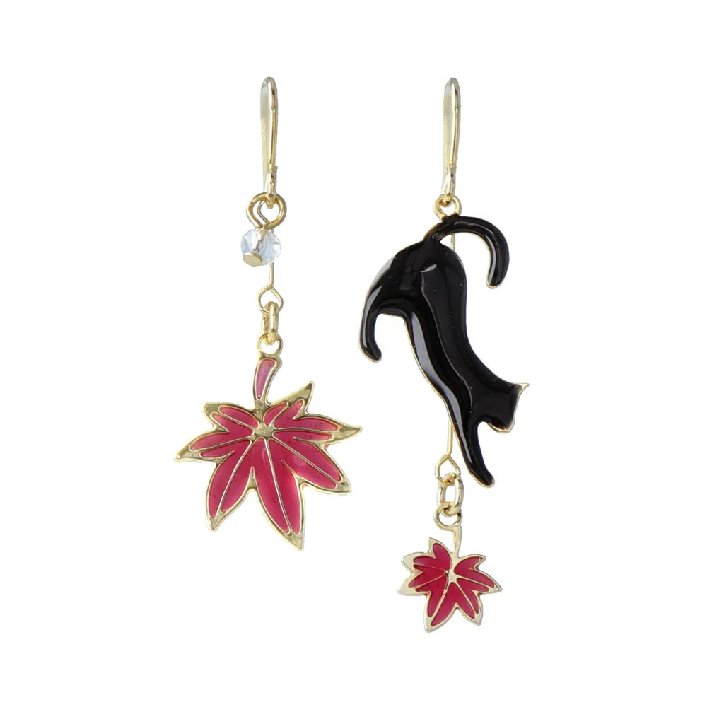 Cat and Momiji Japanese Maple Earrings