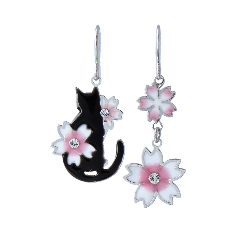 Sakura and Cat Mismatch Drop Earrings