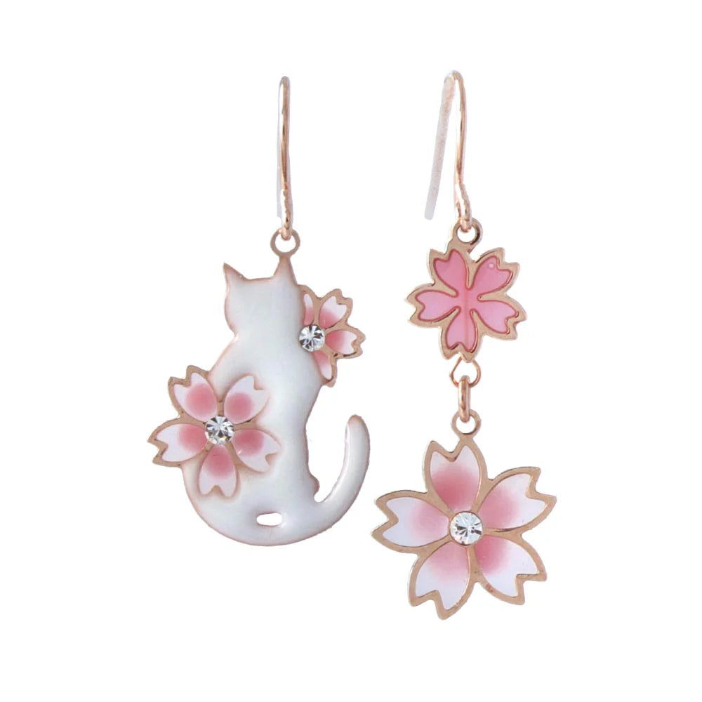 Sakura and Cat Mismatch Drop Earrings