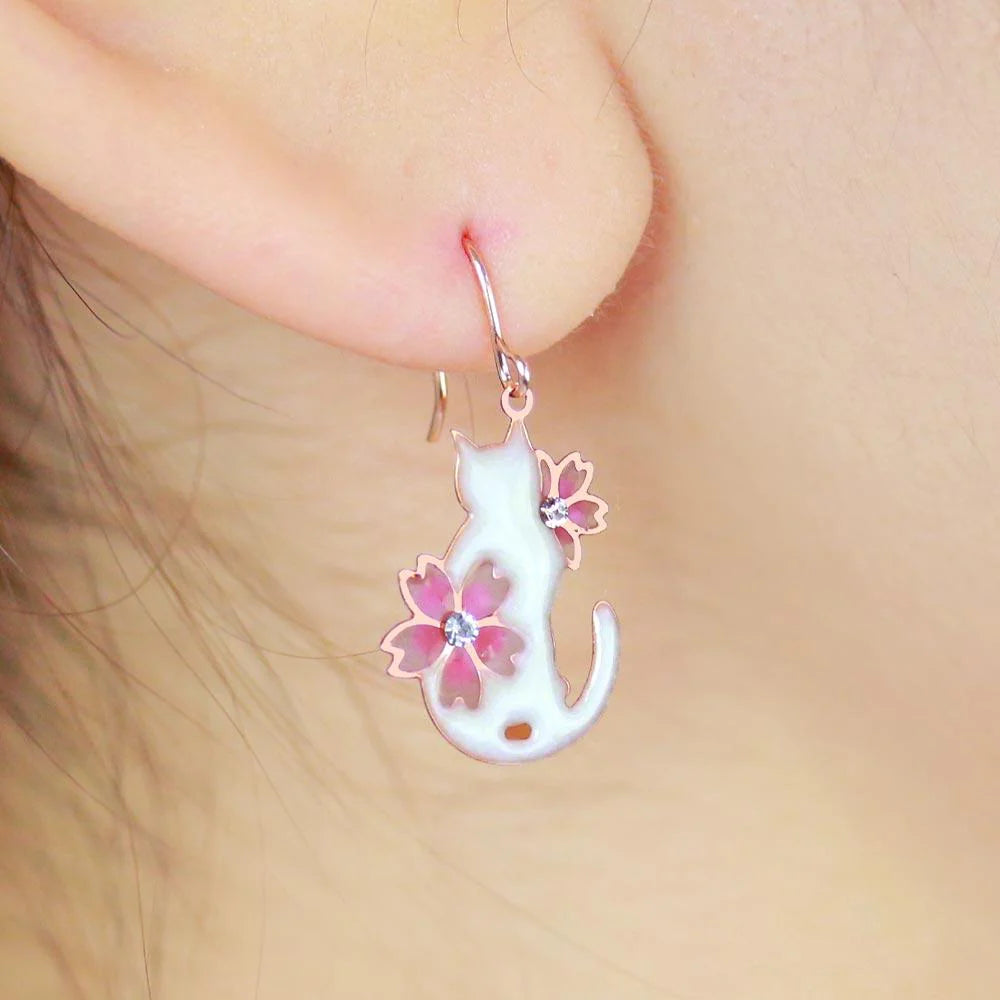 Sakura and Cat Mismatch Drop Earrings