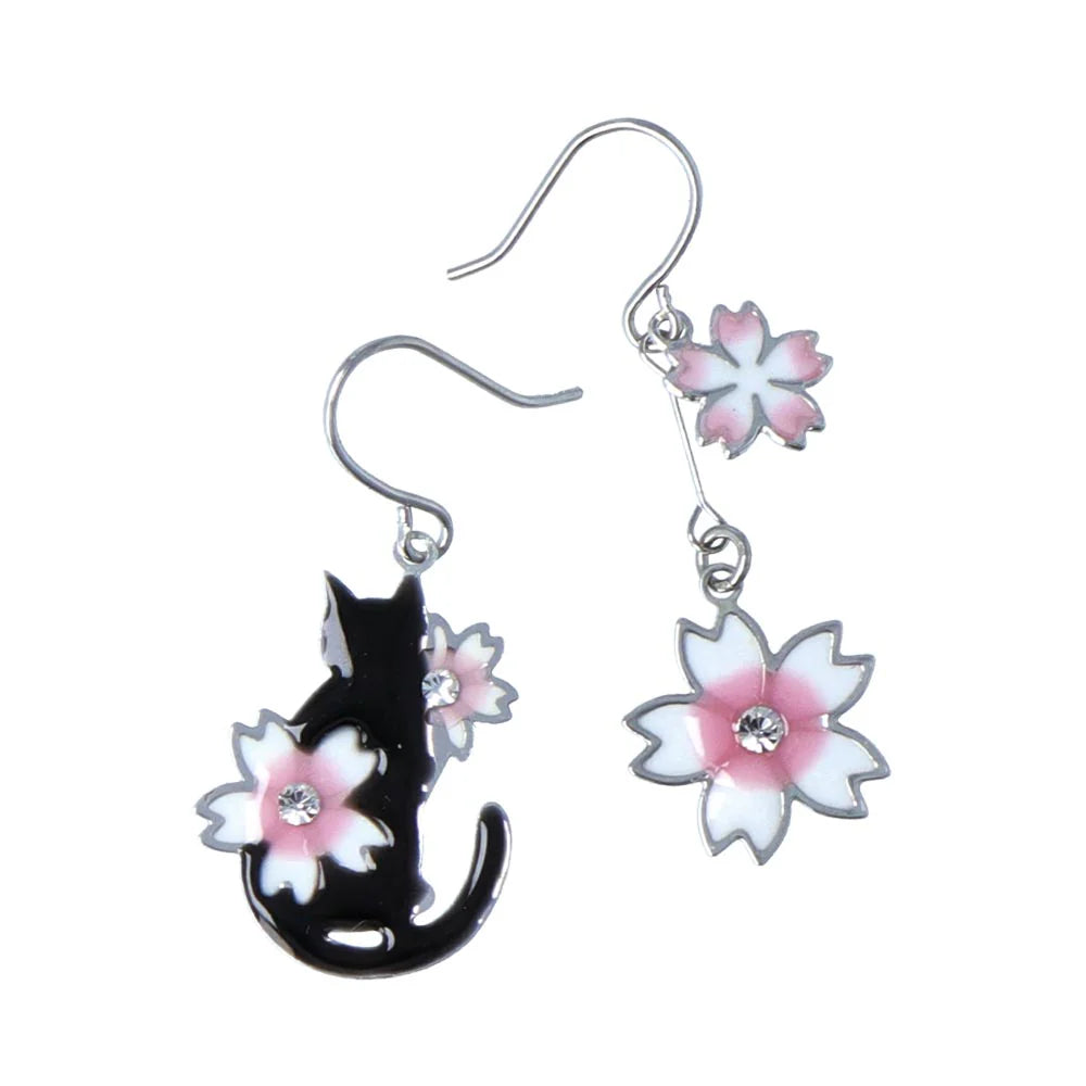 Sakura and Cat Mismatch Drop Earrings