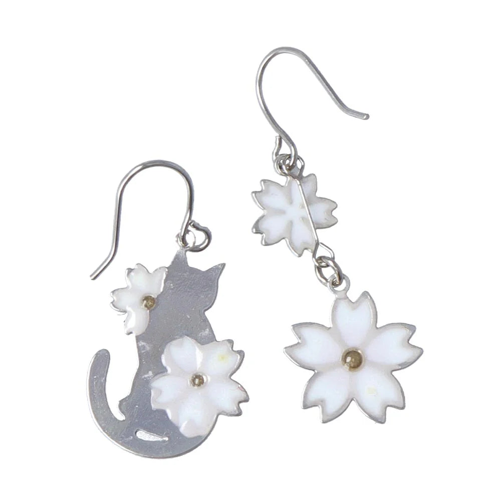 Sakura and Cat Mismatch Drop Earrings